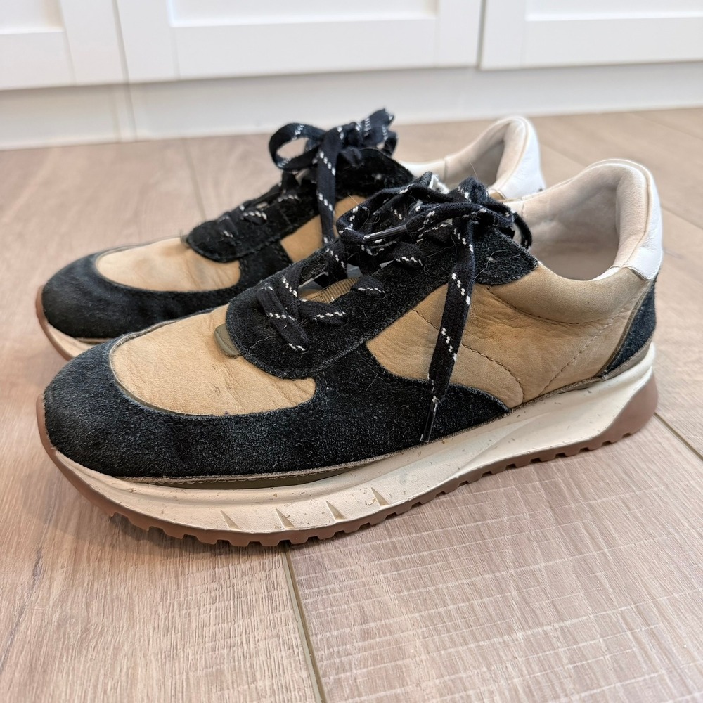 Madewell MWL Court Sneaker Womens 8 Tan Black Leather Suede Low Top MA511